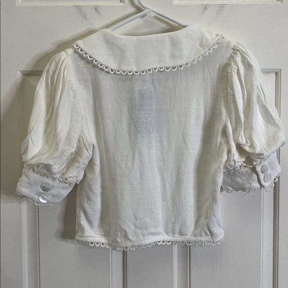 Lulus Uncommon Charm Ivory Lace Button-Up Big Collar Puff Sleeve Top M Boho NWT - Picture 11 of 12